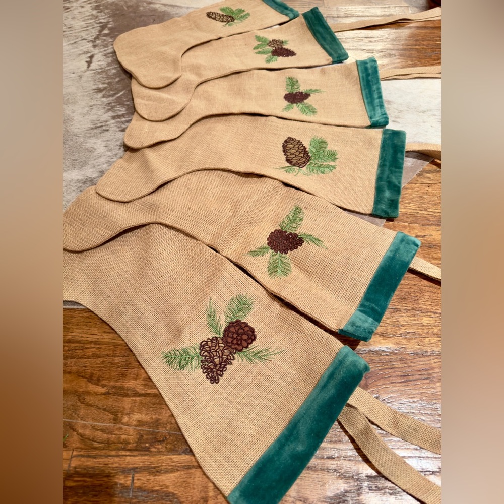 WISTERIA Jute & Green Velvet Embroidered Pinecone Christmas Stockings Set of 6